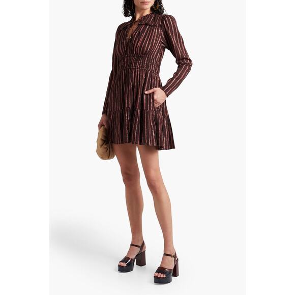 Ulla Johnson Rosalind Metallic Chocolate Striped Mini Dress Size 6 - Picture 1 of 11